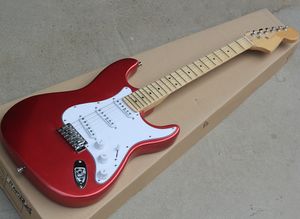 Chitarra elettrica rossa metallizzata all'ingrosso in fabbrica con firma Malmsteen, battipenna bianco, tastiera in acero smerlato, personalizzabile