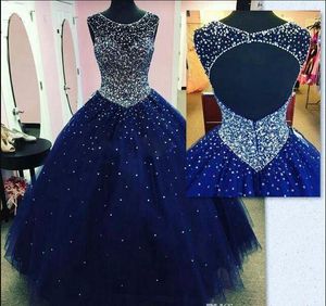 Skromne Sparkly Dark Blue Prom Dress Quinceanera Sukienki Masquerade 2018 Sheer Szyi Otwórz Wróć Bling Crystal Pagews Suknie Dla Sweet 16