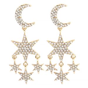 Wholesale-fashion luxury designer exaggerated sparkling diamond rhinestone cute lovely moon star long tassel stud earrings for women girls
