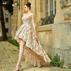 Wspaniały Wysoki Niski Sheer Powrót Prom Dresses 3D Kwiat Z Kryształowymi Koralikami Wieczór Party Suknia Illusion Organza Damska Specjalna okazja Dress