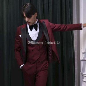 Popüler Tek Düğme Bordo Düğün Damat Smokin Tepe Yaka Groomsmen Erkekler Örgün Balo Suits (Ceket + Pantolon + Yelek + Kravat) W213