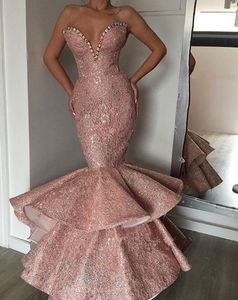 Dusty Pink Mermaid Prom Dresses Sweetheart Kant Formele Avondjurken Beaded Lace Saudi Afrikaanse Partyjurken Plus Size