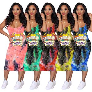 Plus storlek 2x Summer Women Rugrats Slip Dress Trendy Tie Dye One-Piece Dress Designer Sexig höftpaket Kjol Casual Skinny BodyCon Dress 3108