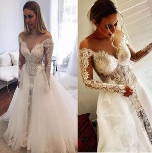 New Graceful Lace Illusion Wedding Dresses Bridal Gowns With Detachable Skirt Train Sheer Scoop Neckline Beach Wedding Gown robe de mariée