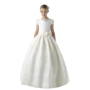 2020 New White Ivory Satin Arrival Flower Girl Dress First Communion Dresses For Girls Short Sleeve Belt With Flowers Customized