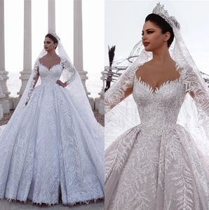 Arabic Sheer Long Sleeves Lace Ball Gown Wedding Dresses Applique Beaded Chapel Train Bridal Wedding Gowns robe de mariee cph031