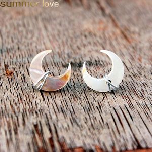 Unique Design Crescent Moon Stud Earrings Mother of Pearl Gemstone Post in Gold Sterling Silver Handmade Wire Wrapped Ear Wedding Jewelry