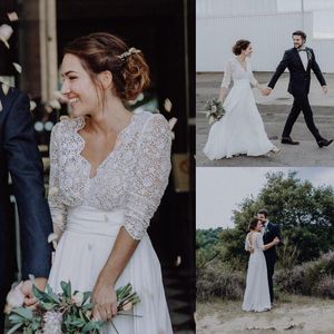 Gorgeous Boho Dresses Lace Chiffon Floor Length 3/4 Long Sleeves Custom Made Scalloped V Neck Country Beach Wedding Bridal Gown