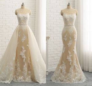 Detachable Train Wedding Dresses Cheap Champagne Ivory Color Pearls Sashes Lace Applique Sheer Neck Wedding Dress Bridal Gowns Fashion 2019