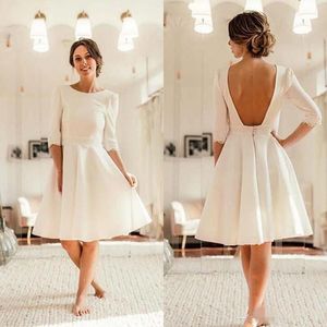 Short Beach Dresses Long Sleeves Backless Chiffon Lace Knee Length Simple Wedding Bridal Gown Vestido De Novia