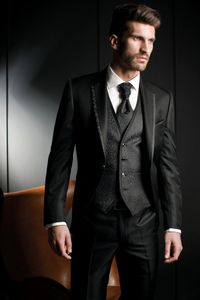 Svart brudgum Tuxedos Notch Lapel Slim Fit Groomsmen Mens Bröllopsklänning Utmärkt Man Jacka Blazer 3 Piece Suit (Jacka + Byxor + Vest + Tie) 7