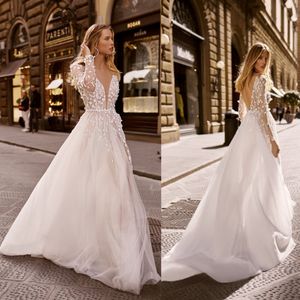 Bir Çizgi Gelinlik Derin V Yaka Uzun Kollu Aplike Tül Gelinlik Tren Boho Gelin Gowns Sweep