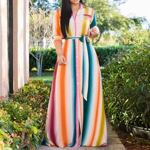 Rainbow Stripe Long Dress Women 2019 New Arrival Stylish African Ladies Summer Plus Size Casual Robe Vintage Shirt Maxi Dresses