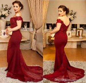 New Dark Red Off Shoulder Mermaid Evening Dresses Sleeveless Lace Applique Court Train Elastic Satin Formal Dresses Prom Party Gown Custom