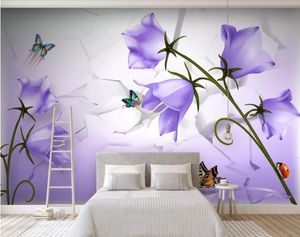 Benutzerdefinierte Tapete 3D Weiche Schöne verträumte lila blume schmetterling Luxus Tapeten Hotel Wohnzimmer TV Hintergrund Murales De Pared 3D