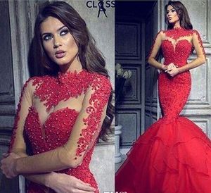 Sexy Illusion Long Sleeves Red Evening Dresses Arabic Mermaid High Neck with Appliqued Beaded Long Ruched Formal Party Celebrity Gowns