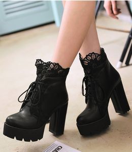 Hot Sale-2019 Autumn Women Lacing Platform Boots High Heels Female Black Platform Heels Spring Short Boots Ladies Shoes for Party