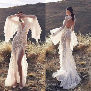 Bohemian Mermaid Wedding Dresses V Neck Lace Appliqued Long Sleeve Side Split Bridal Gowns Wedding Dress vestidos de novia