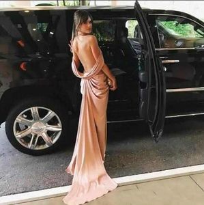 Stylish Blush Muragn Evening Dresses Long Celebrity Formal Dresses Fashion Party Wear Halter High Slit Backless Prom Gowns