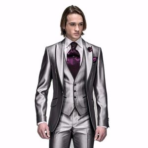 New Popular One Button Shiny Silver Grey Groom Tuxedos Peak Lapel Men Wedding Party Groomsmen 3 pieces Suits (Jacket+Pants+Vest+Tie) K92
