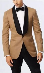 Khaki Shawl Collar Groom Tuxedos Man Party Business Suits Dress Prom Blazer Coat Trousers Sets (Jacka + Byxor + Tie) K 66