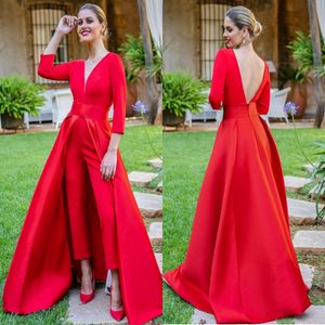 Kadınlar için Ayrılabilir Etek V Yaka Arkalıksız Gelinlik 3/4 Uzun Kollu Parti Giyim Pantolon ile Dubai Kırmızı Tulumlar Örgün Abiye