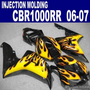 Injektionsform ABS Fairings för Honda 2006 2007 CBR1000RR eftermarknaden 06 07 CBR 1000 RR Yellow Flames i Svart Fairing Kit VV98