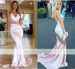 New Sexy Spaghetti Straps Mermaid Prom Evening Dresses Long Lace Applique V Backless Formal Dresses Evening Gowns robes de soirée