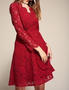 Seksowna ciemna czerwona koronkowa sukienka koktajlowa trzy czwarte rękawy zamek błyskawiczny back koronki sukienka imprezowa