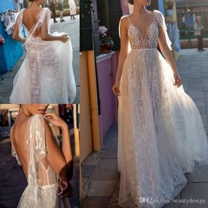 Gali Karten 2020セクシーなビーチのウェディングドレス背中のスパゲッティイリュージョンセクシーなボホのウェディングガウンスイープトレインボヘミアの花嫁のドレスがストラップ