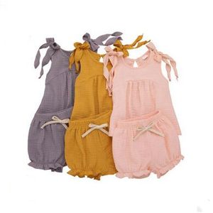 Wholesale peacock appliques resale online - Girls Summer Cotton Linen Suits Kids Bowknot Sling Shorts Set Baby Suspenders Shirt Ruffles Shorts Outfits Clothing Sets ZYQ469