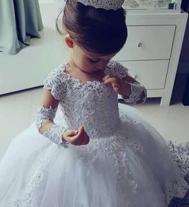 White Lace Flower Girl Dress for Wedding Party Ball Gown Long Sleeve Beads First Communion Dresses Little Girls Birthday Prom Gown Customize