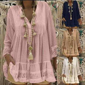 Women's Lace Chiffon V-neck Tunic Shirt Blouse Long Sleeve Solid Loose Womens and Blouses 2019 Spring Summer Tops Plus Size