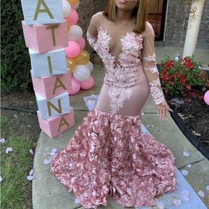 Evening Dresses 3D Rose Floral Blush Pink Long Sleeve Wear 2020 Sexy African Plus Size Keyhole Back Mermaid Dubai Prom Gowns