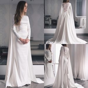 2020 Elegant Satin Mermaid Wedding Dresses With Wraps Jewel Neck Long Sleeve Illusion Backless Bridal Gowns
