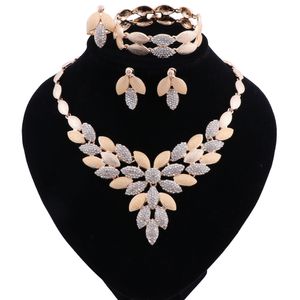 Jewelry Sets Wedding Crystal Leaves Fashion Bridal African Gold Color Necklace Earrings Bracelet Women Party Sets