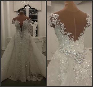 Shining Luxury Mermaid Bröllopsklänningar med avtagbara tågsekvenser Kristaller Bead Appliques Off Shoulder Wedding Dress Bridal Gowns