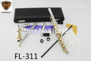 FL-311 Standardowy Srebrny Body Gold Key C Tune Flet z małym łokciem Curved Head 16 17 Kluczowe otwory otwarte Zamknięty instrument fletowy flauta