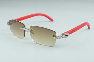 Neueste 3524012-13 große Diamant-Sonnenbrille, rote Holzbrille, quadratische Brillen, modische grenzenlose Sonnenbrillen für Männer und Frauen