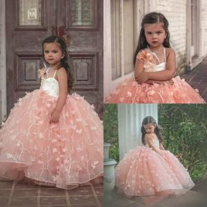 Blush Pink Dollcake D Floral Lace Flower Girl Dresses for Wedding Party Puffy Chapel Train Train Child First Complely Dress Weing Chil
