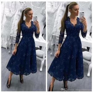 Lace Sexy V-Neck Tea Length Prom Dresses Long Sleeves Short Formal Special Ocn Evening Party Gowns Modest Vestidos