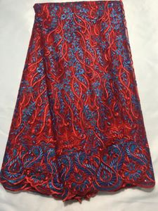 5Yards/pc Nice looking red french net lace fabric and blue embroidery african mesh lace for dress QN101-1