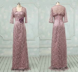 Purple Lace Pearls Mother Of The Bride Dresses With Jacket Bolero Hand Made Flowers Evening Formal Gowns For Mother Party Dress Plus Size