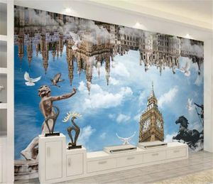 Wallpaper costume 3d europeus e americanos Arquitectura Cidade Escultura Nuvem Branca Pigeon Sala Quarto fundo Papel de Parede Parede