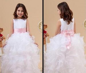 Custom made princesa branca flor menina vestidos babados uma linha de cetim e organza andar de comprimento menina vestido para vestidos de festa de casamento