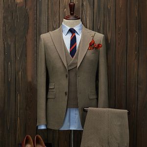 千鳥格子新郎Tuxedosピークラペルグルーマンマンの結婚式3ピーススーツファッションメンズビジネスプロムパーティージャケットブレザー（ジャケット+パンツ+ネクタイ+ベスト）2281