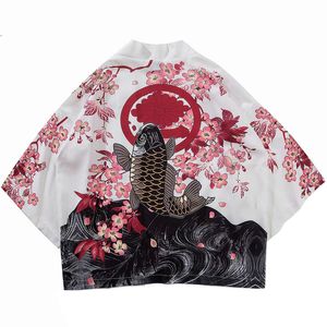 Męskie Kurtki Japońska Kimono Kurtka Koi Fish Drukowane Harajuku 2021 Hip Hop Mężczyźni Japonia Styl Streetwear Lato Cienkie ubrania Luźne