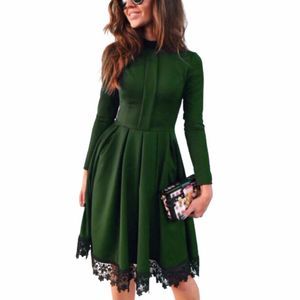 Fashion Green Lace Stitching Autumn Dress Women Stand Collar A-Line Dress 2018 Casual Long Sleeve Ukraine Mini Party Dresses