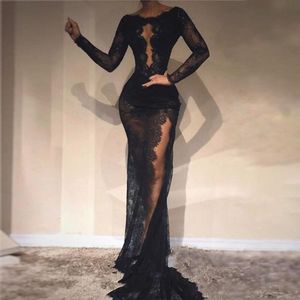 Sexy Black Lace Mermaid Prom Dresses 2019 Illusion Long Sleeve High side Split Evening Dresses Zipper Back Vestido de festa longo