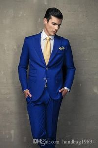 New Fashion Royal Blue Man Work Suit Peak Lapel Groom Tuxedos Man Party Blazer Mens Coat Suits (Jacka + Byxor + Tie) H: 895